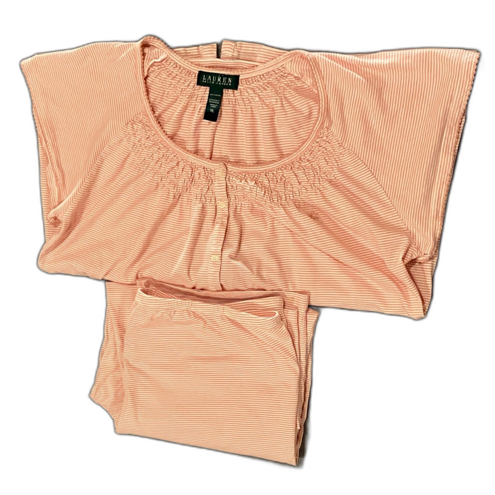 Lauren Ralph Lauren Monogram Pajama Set 100% Cotton Pink & White Stripe -Size XL